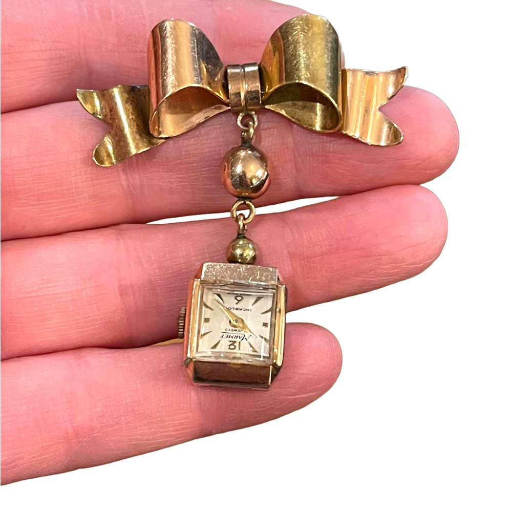 Vintage 1940s 14k Solid Rose gold Nurses Watch BOW brooch Marmet Incabloc